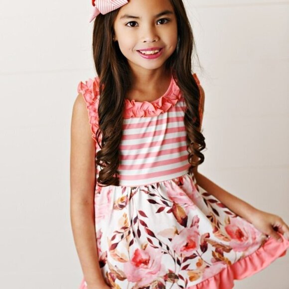 Set Includes Rose Floral & Stripe Print Top With Ruffle Detail - Picture 2 of 9